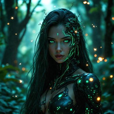 The primary subject of the image is a woman with green eyes, wearing a green and black dress. She is standing in a forest, surrounded by trees and greenery. The setting is a natural environment with a serene atmosphere. The visual style of the image is a combination of photo and digital art, creating a unique and intriguing appearance. The woman's green eyes and the green and black dress contribute to the overall mood of the image, which is mysterious and captivating.